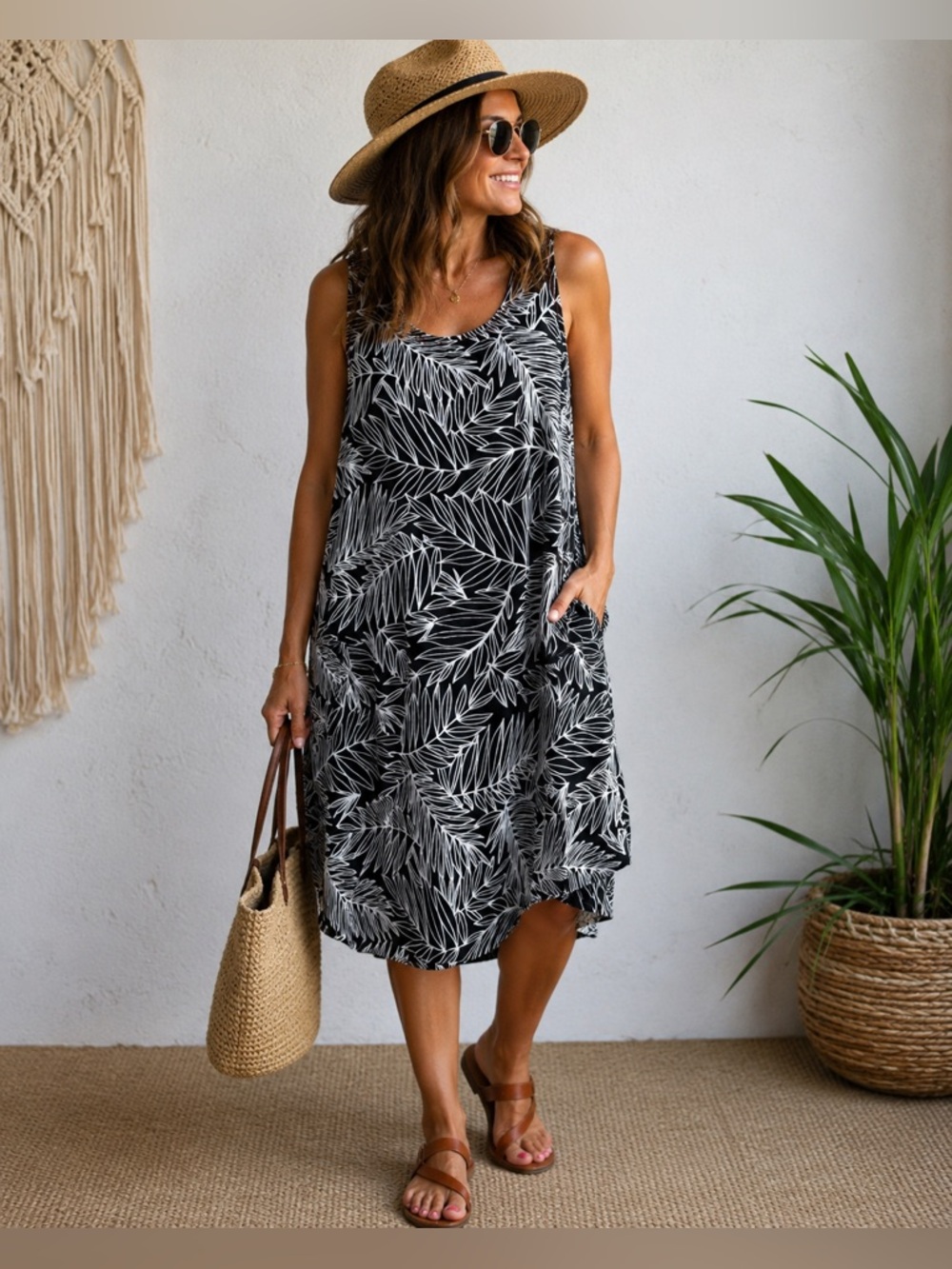KikiSol XXL Black & White Tropical Leaf Print Tank Dress/Swim Cover Up